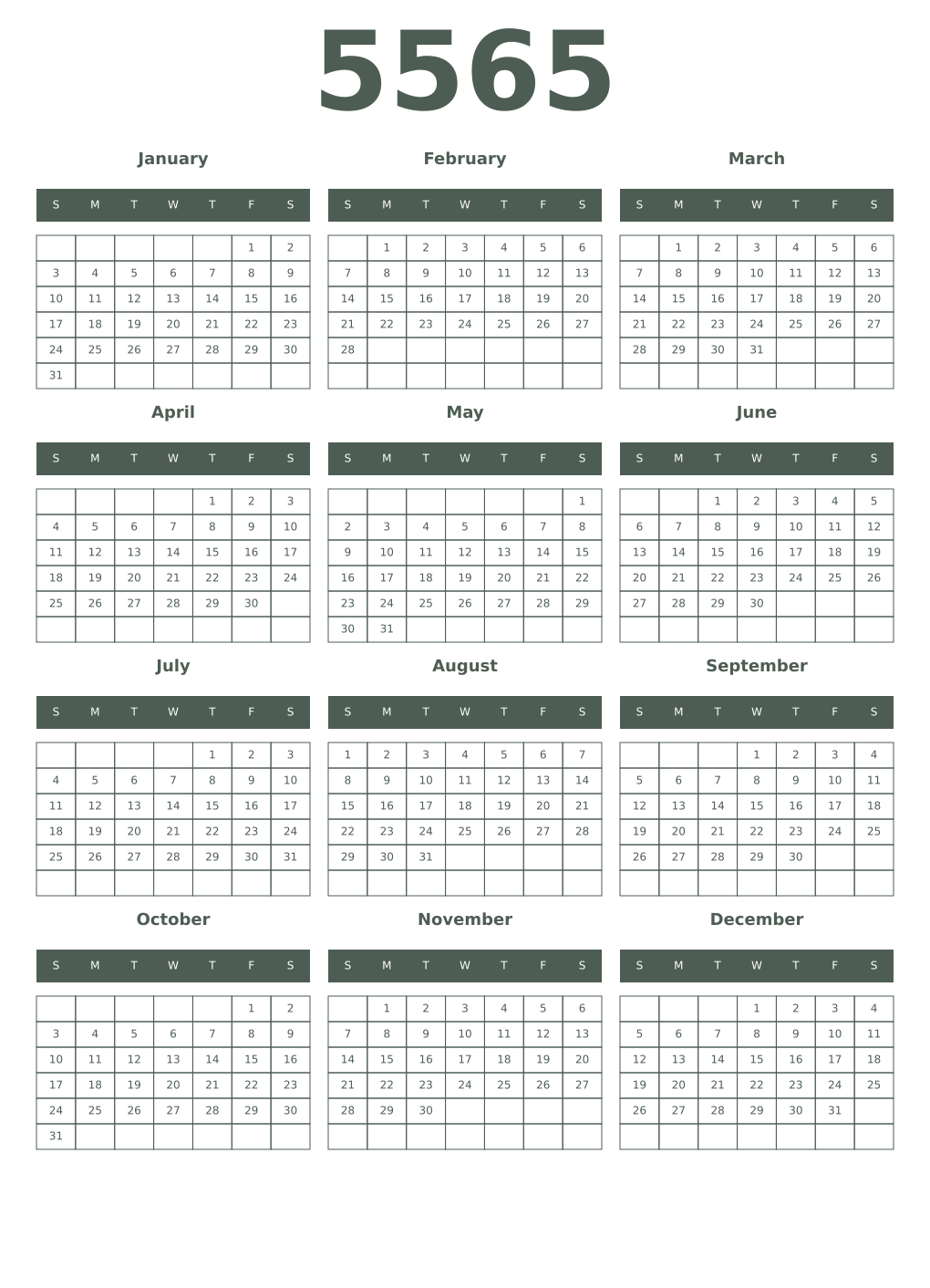 Printable 5565 Year Calendars feldgrau