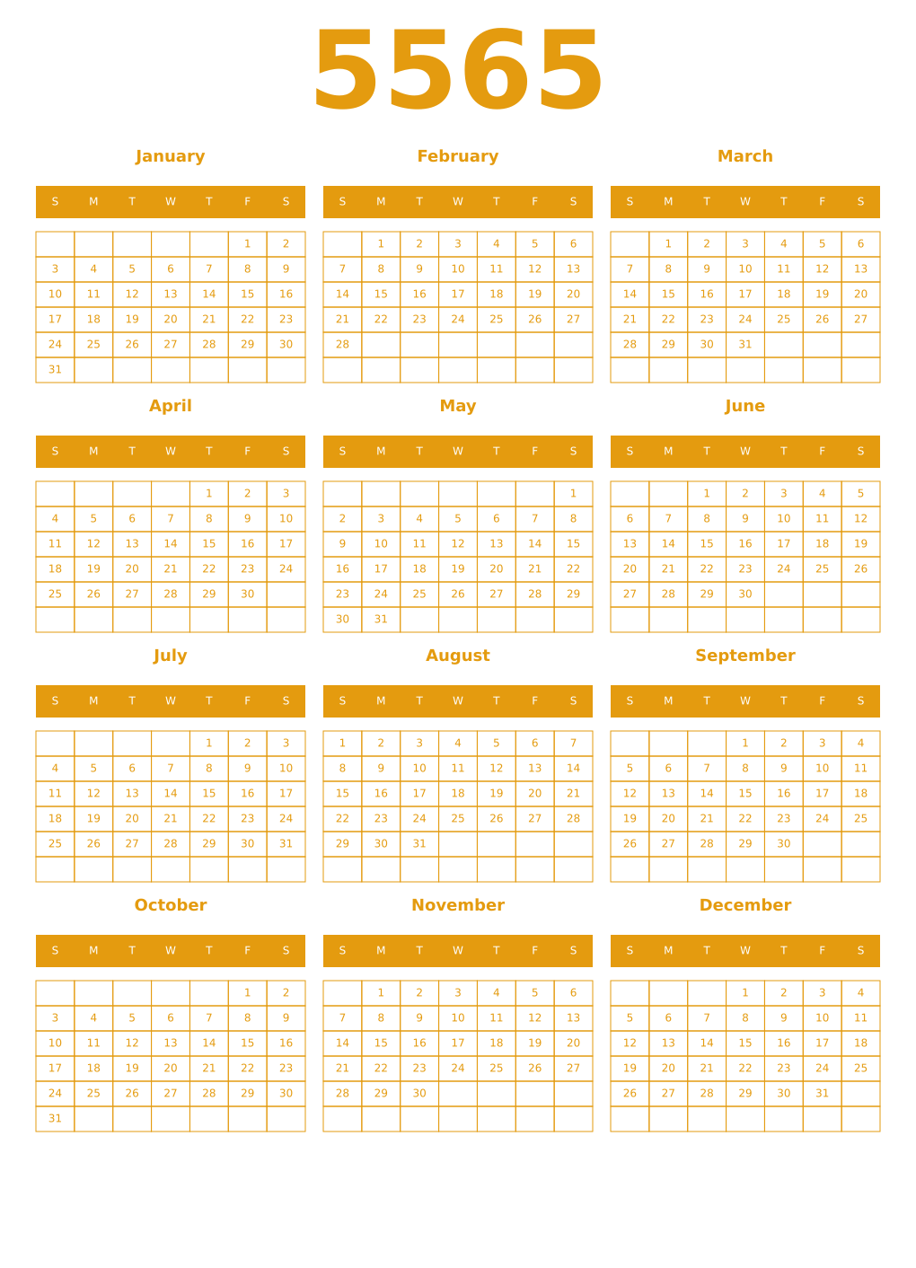 Printable 5565 Year Calendars gamboge