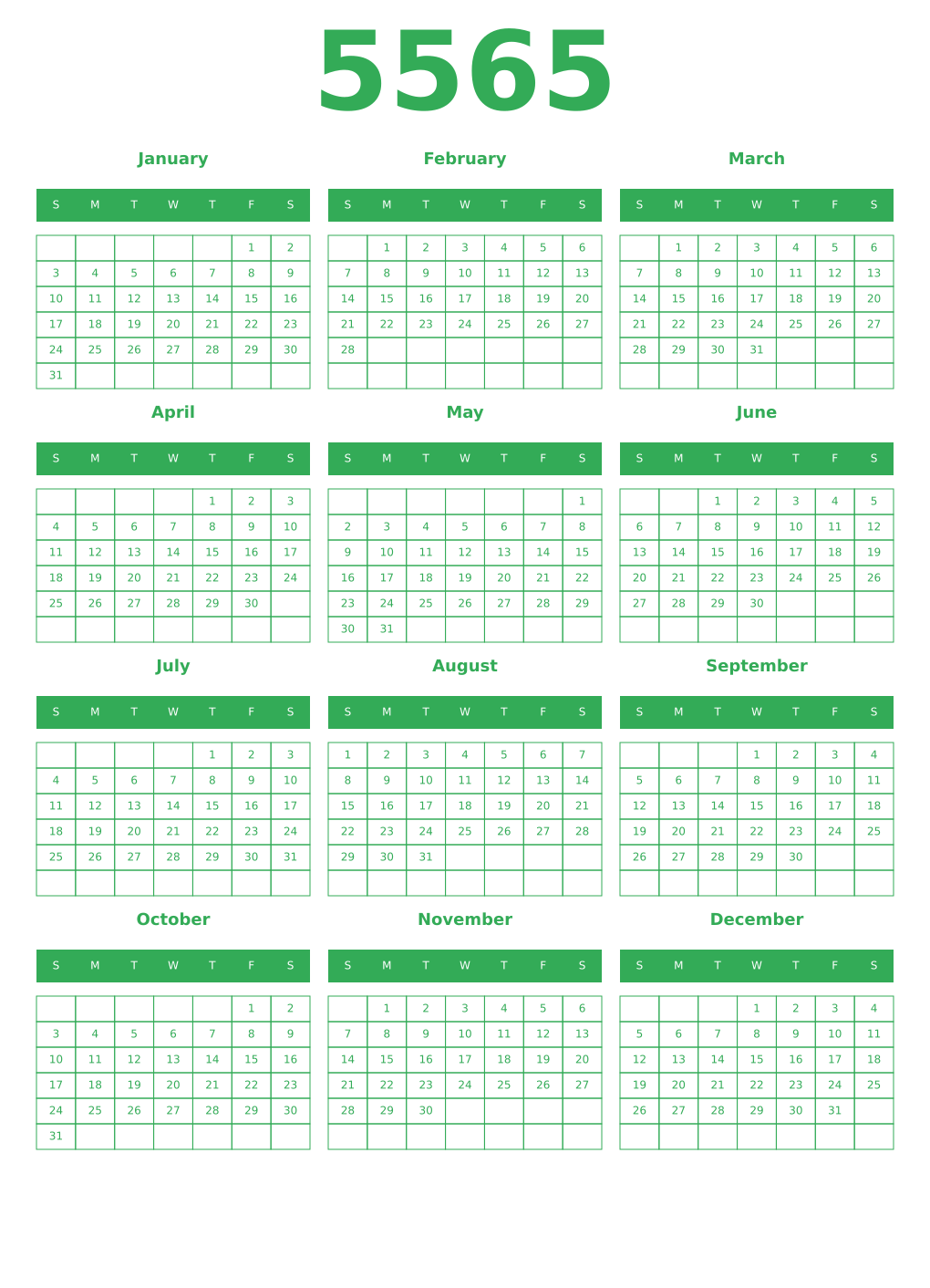 Printable 5565 Year Calendars green