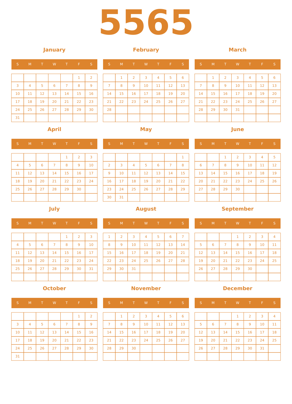 Printable 5565 Year Calendars orange