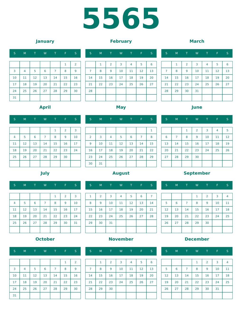 Printable 5565 Year Calendars pastel