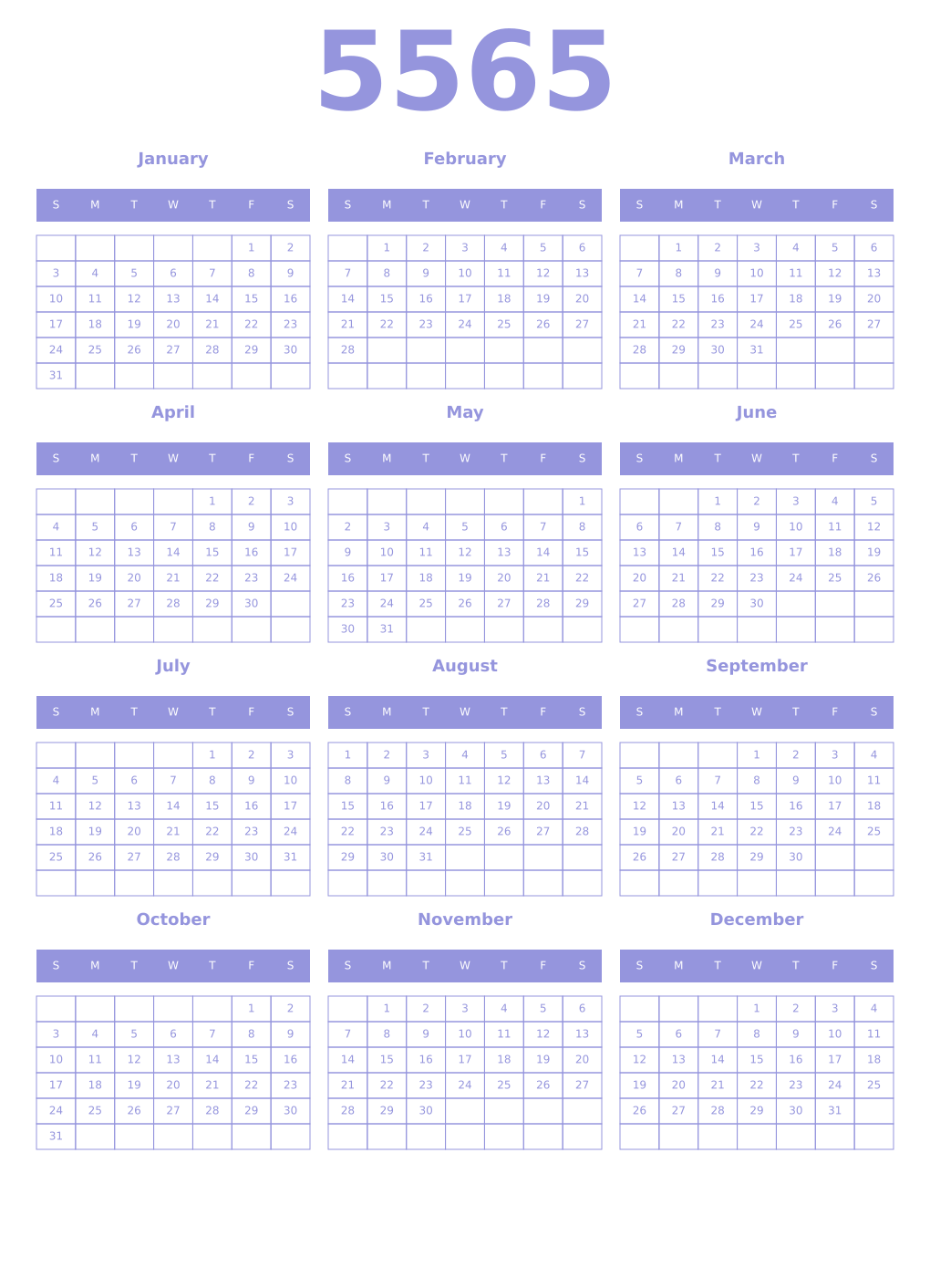 Printable 5565 Year Calendars periwinkle