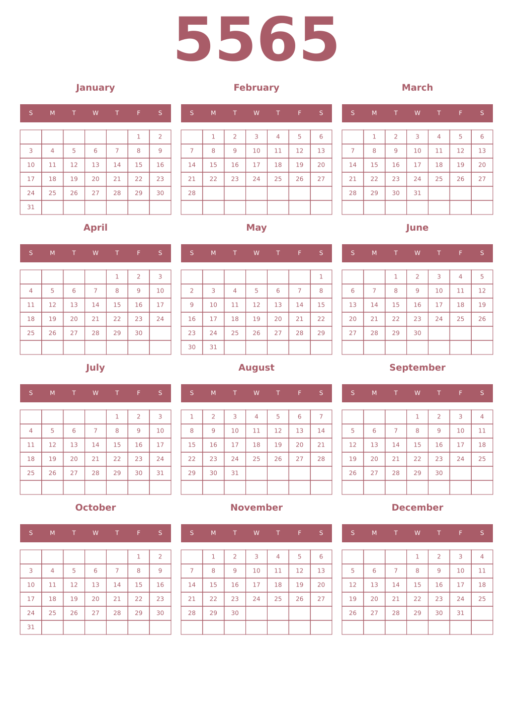 Printable 5565 Year Calendars puce