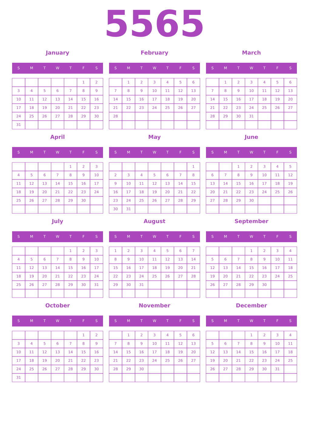 Printable 5565 Year Calendars purple