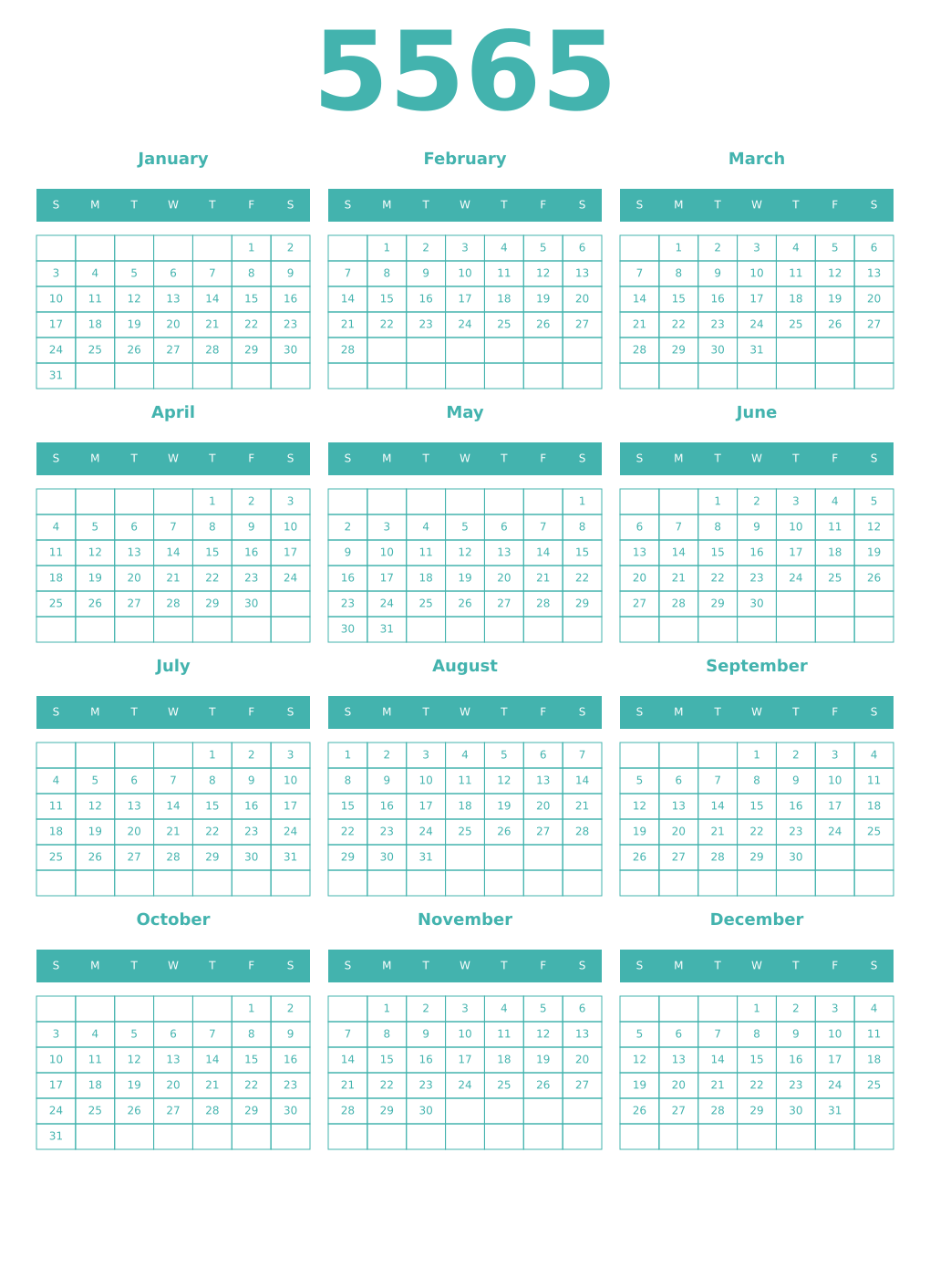 Printable 5565 Year Calendars verdigris