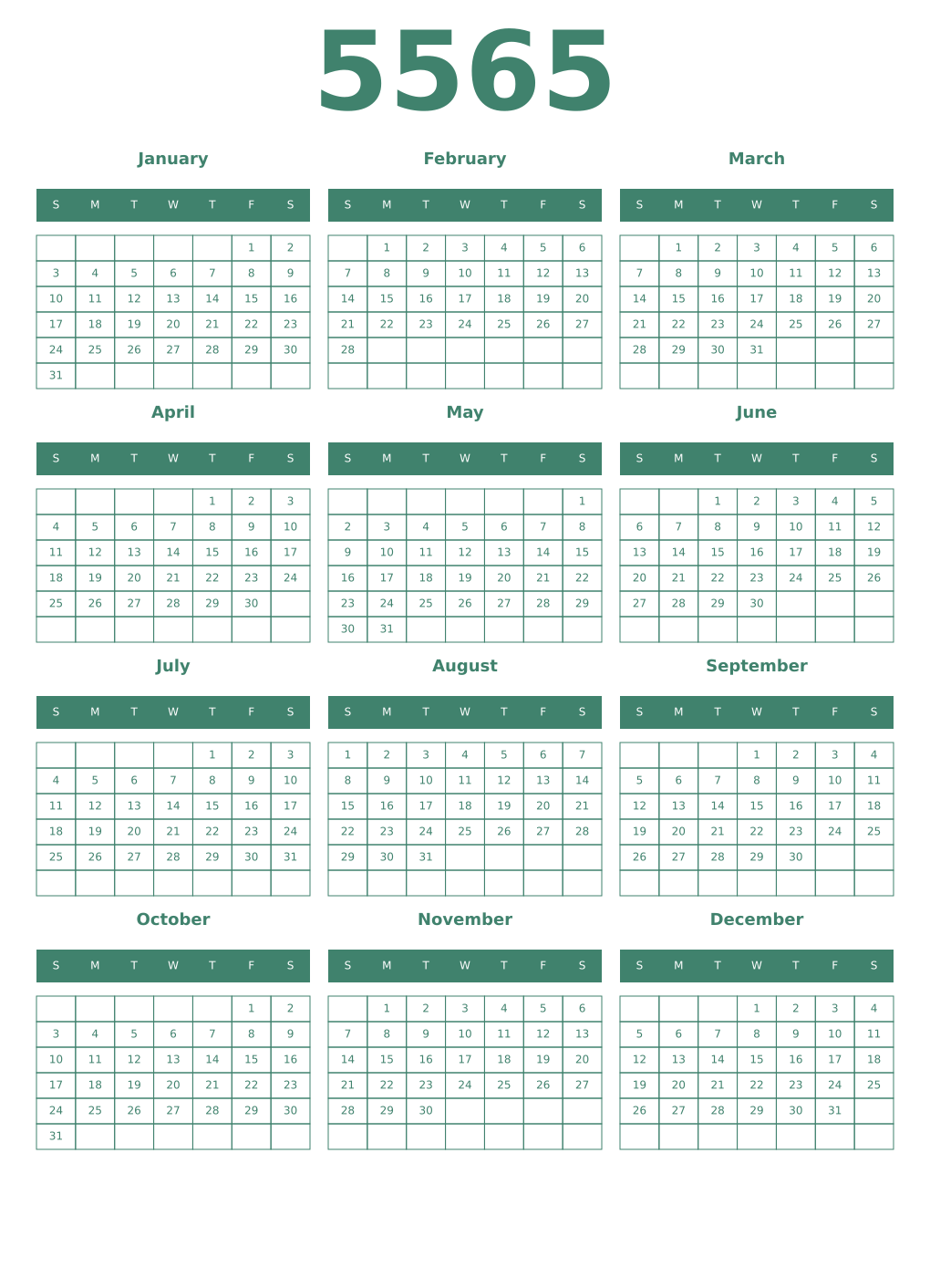 Printable 5565 Year Calendars viridian
