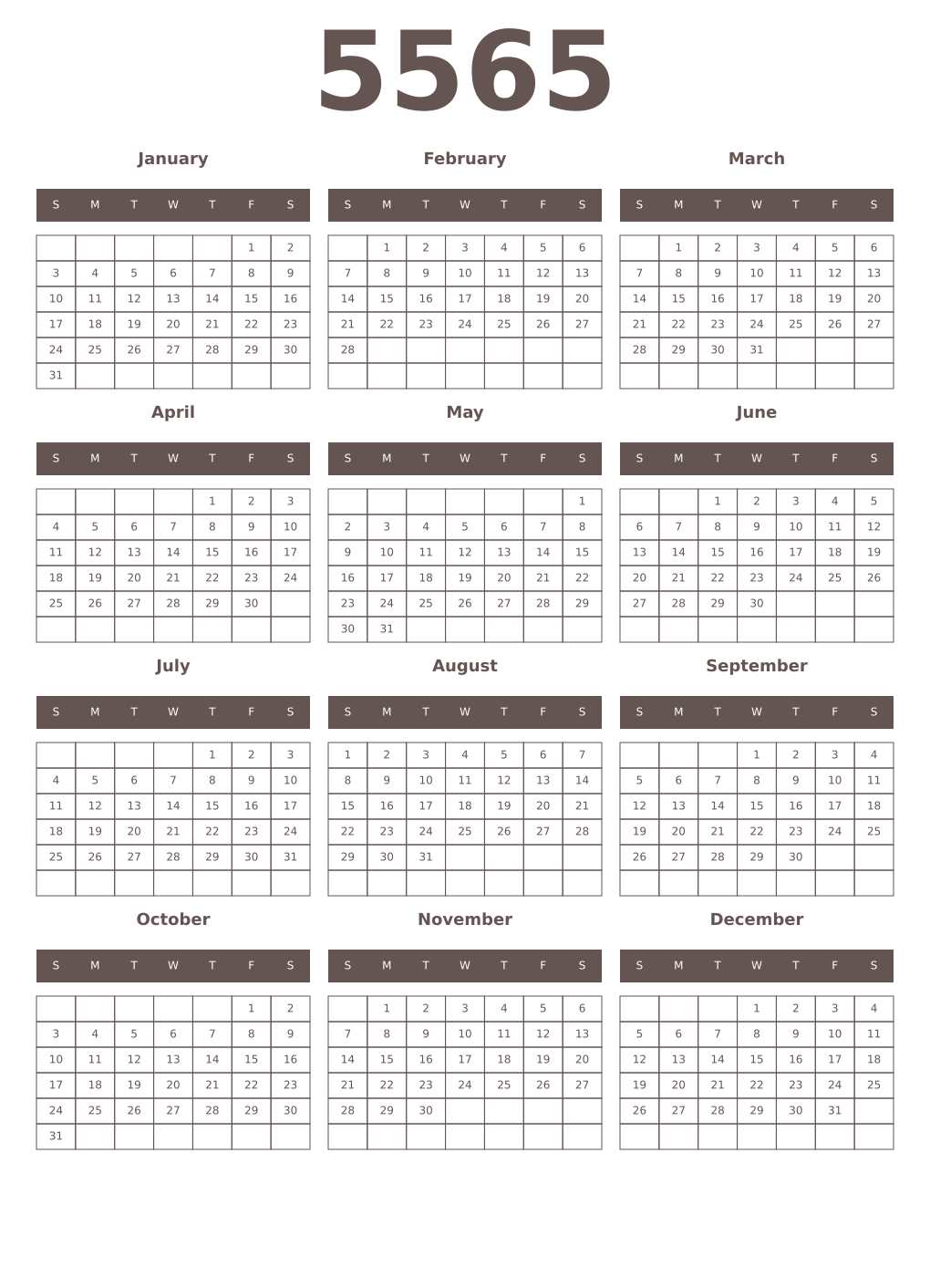 Printable 5565 Year Calendars wenge
