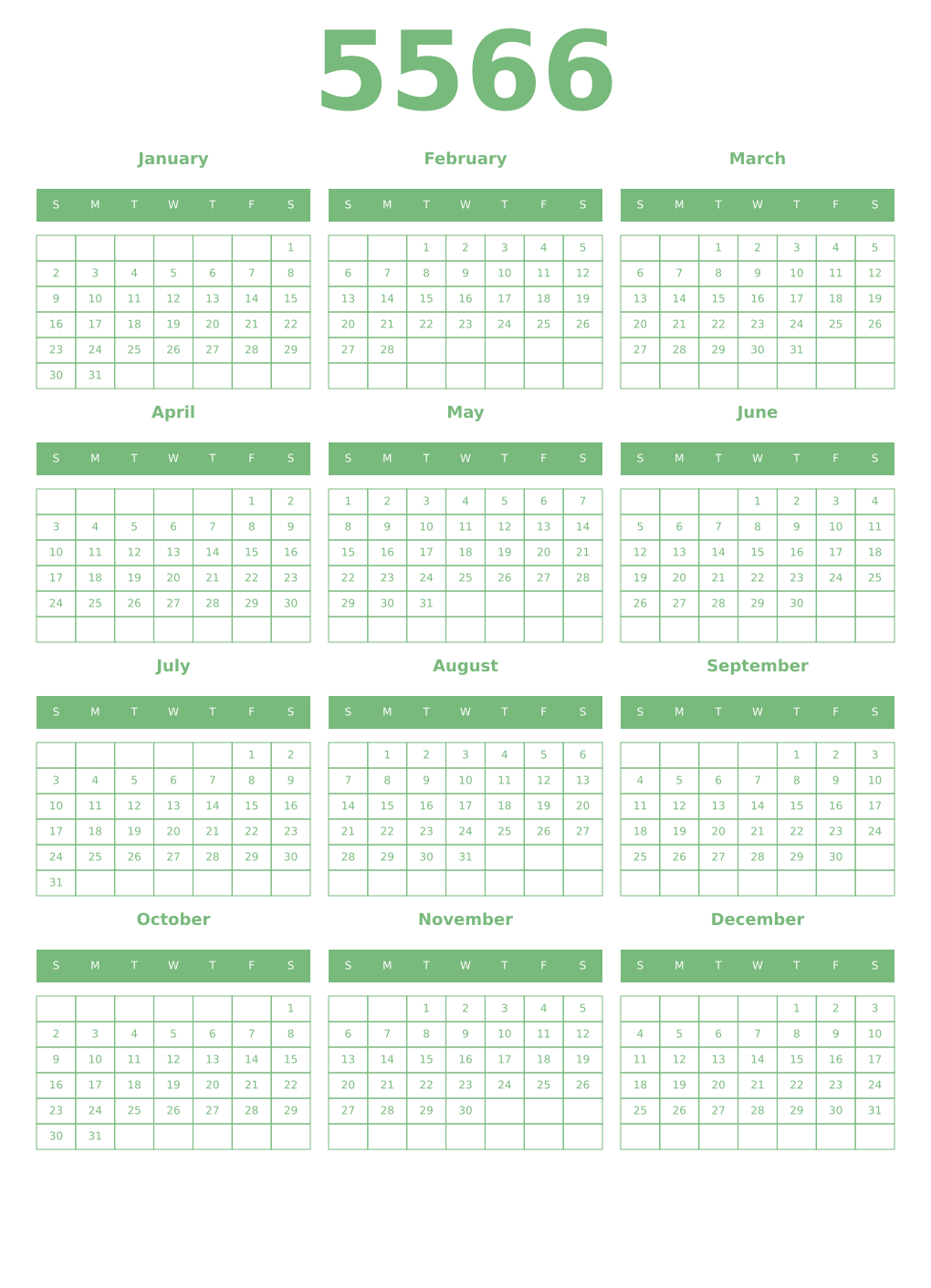 Printable 5566 Year Calendars celadon