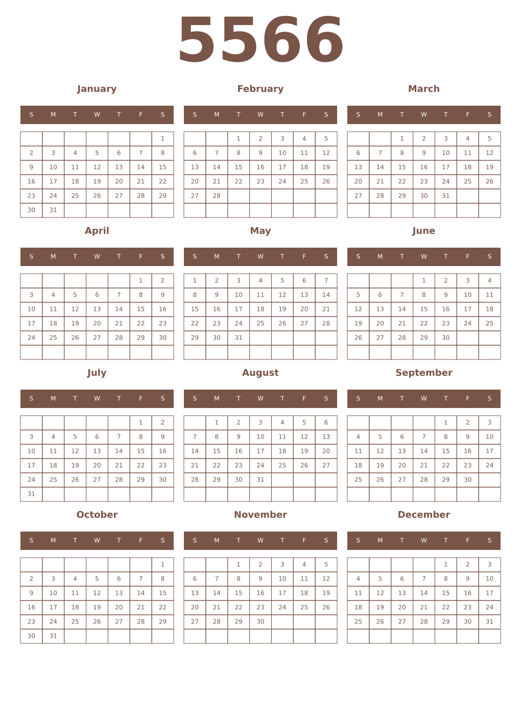 Printable 5566 Year Calendars coffe