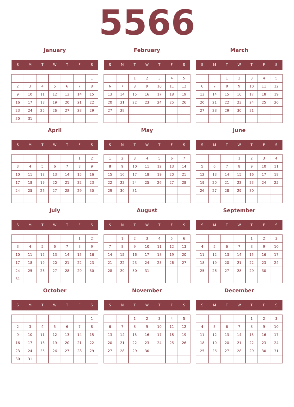 Printable 5566 Year Calendars cordovan
