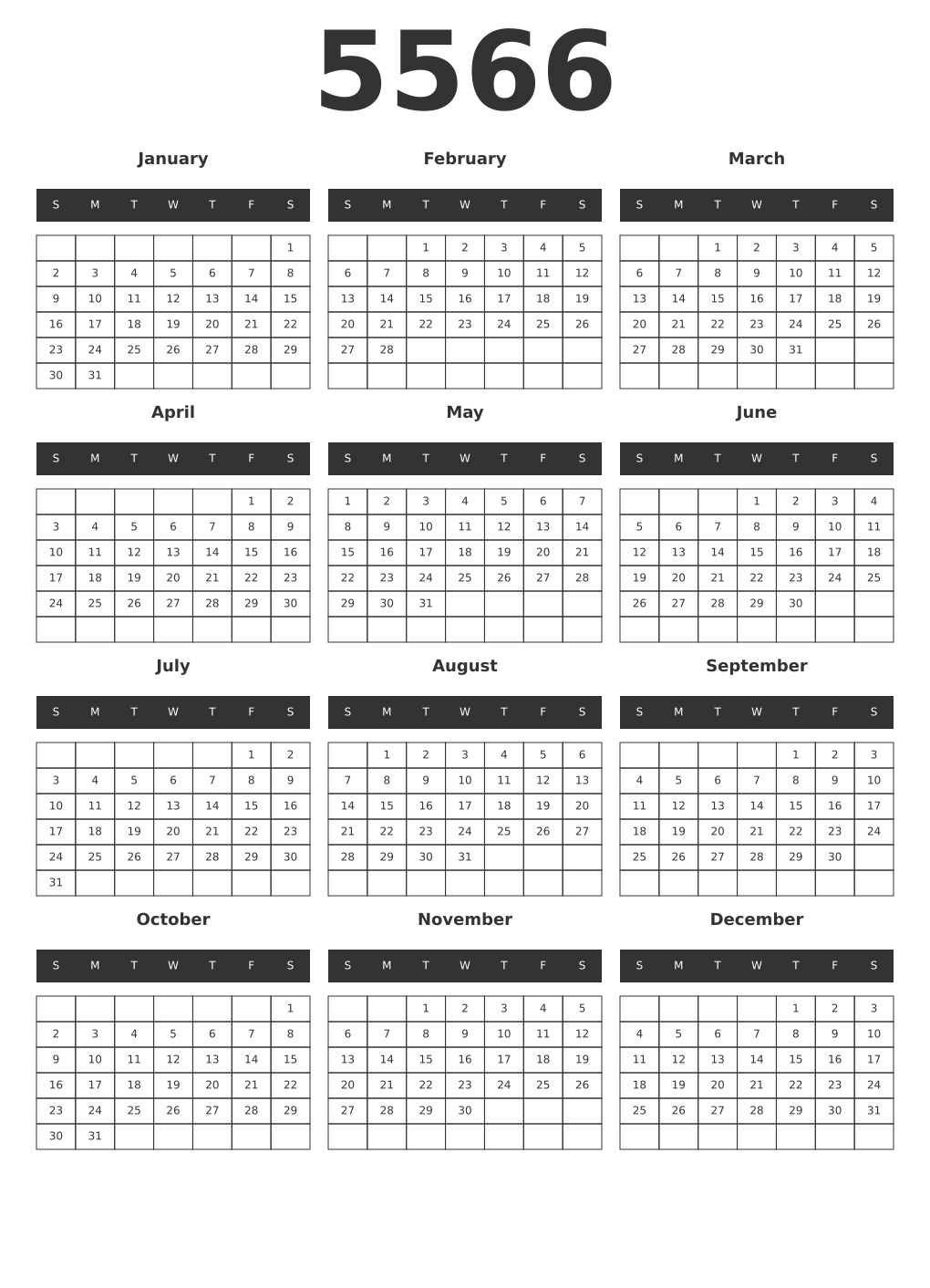 Printable 5566 Year Calendars dark