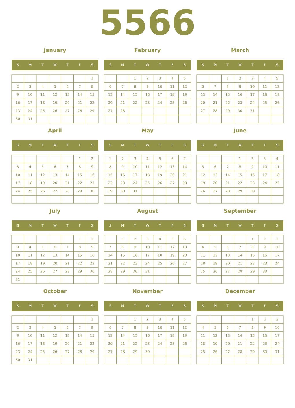 Printable 5566 Year Calendars eburnean