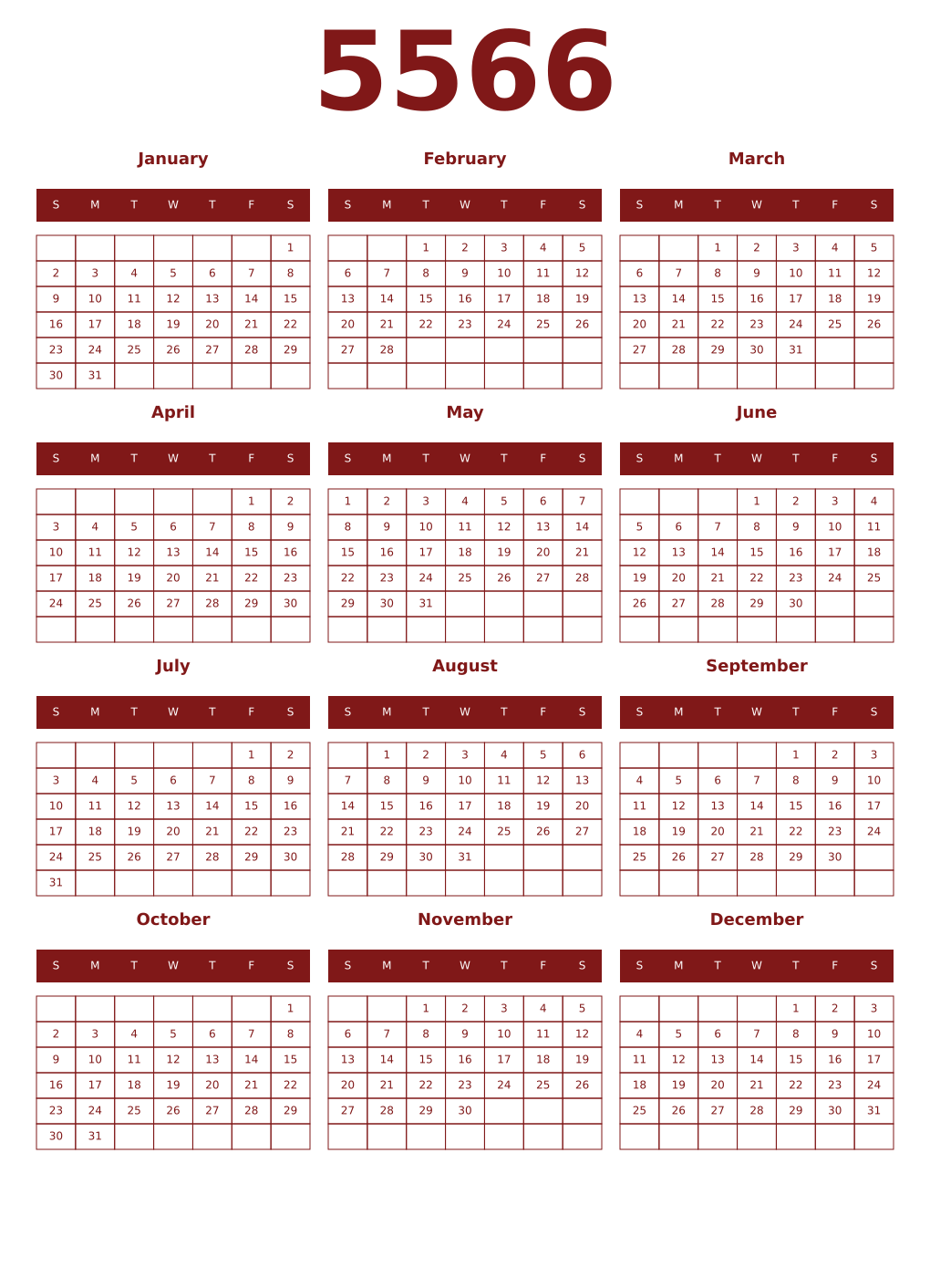 Printable 5566 Year Calendars falu