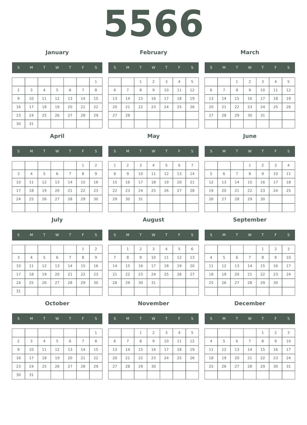 Printable 5566 Year Calendars feldgrau
