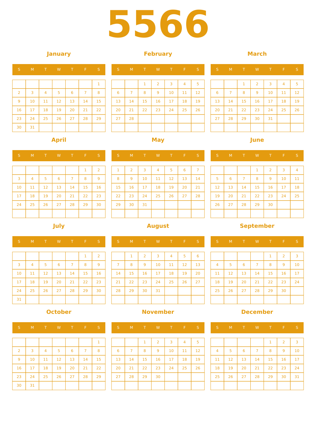 Printable 5566 Year Calendars gamboge