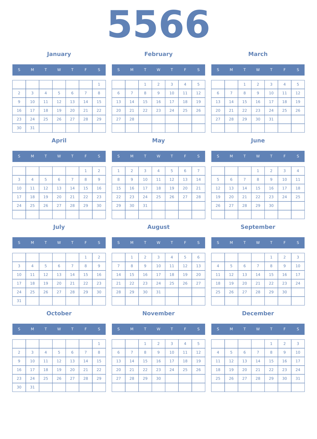 Printable 5566 Year Calendars glaucous