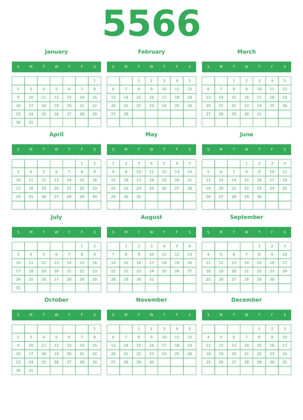 Printable 5566 Year Calendars green