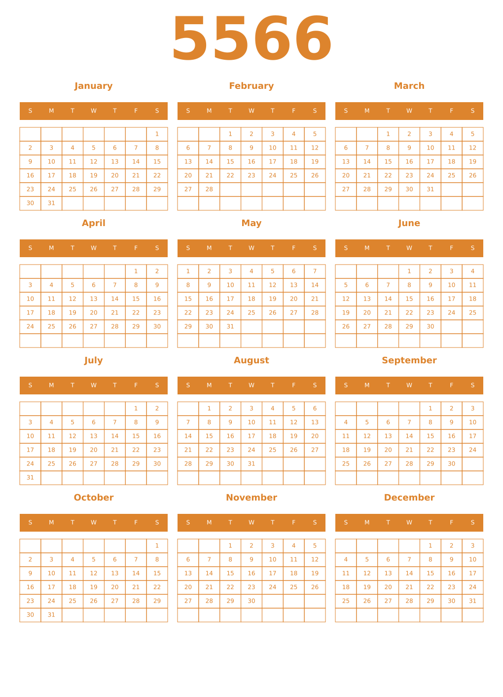 Printable 5566 Year Calendars orange
