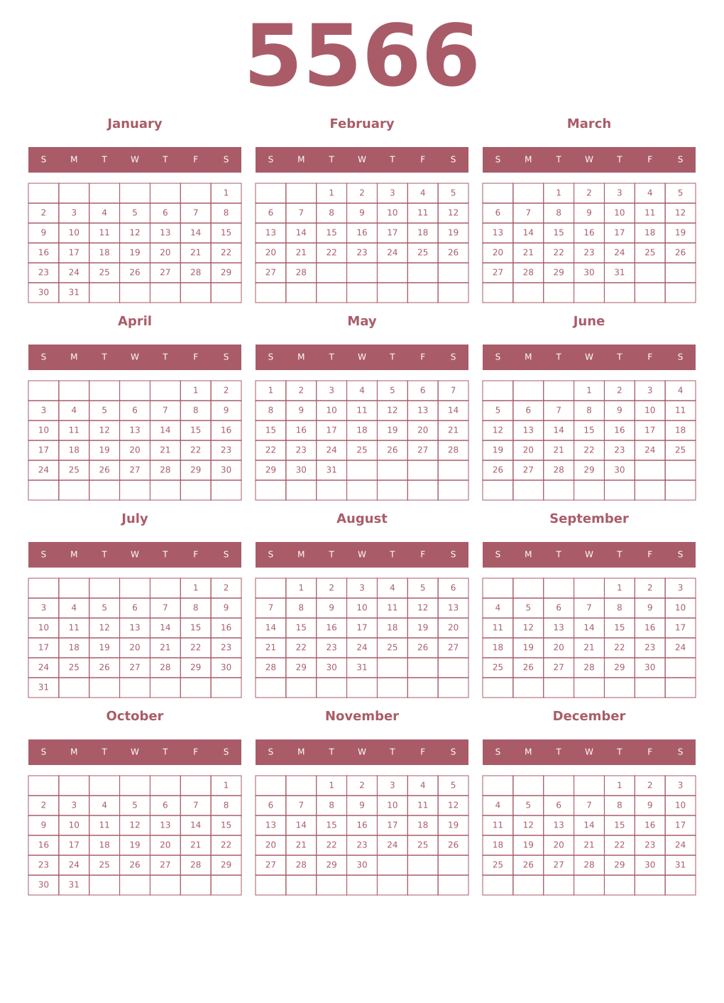 Printable 5566 Year Calendars puce