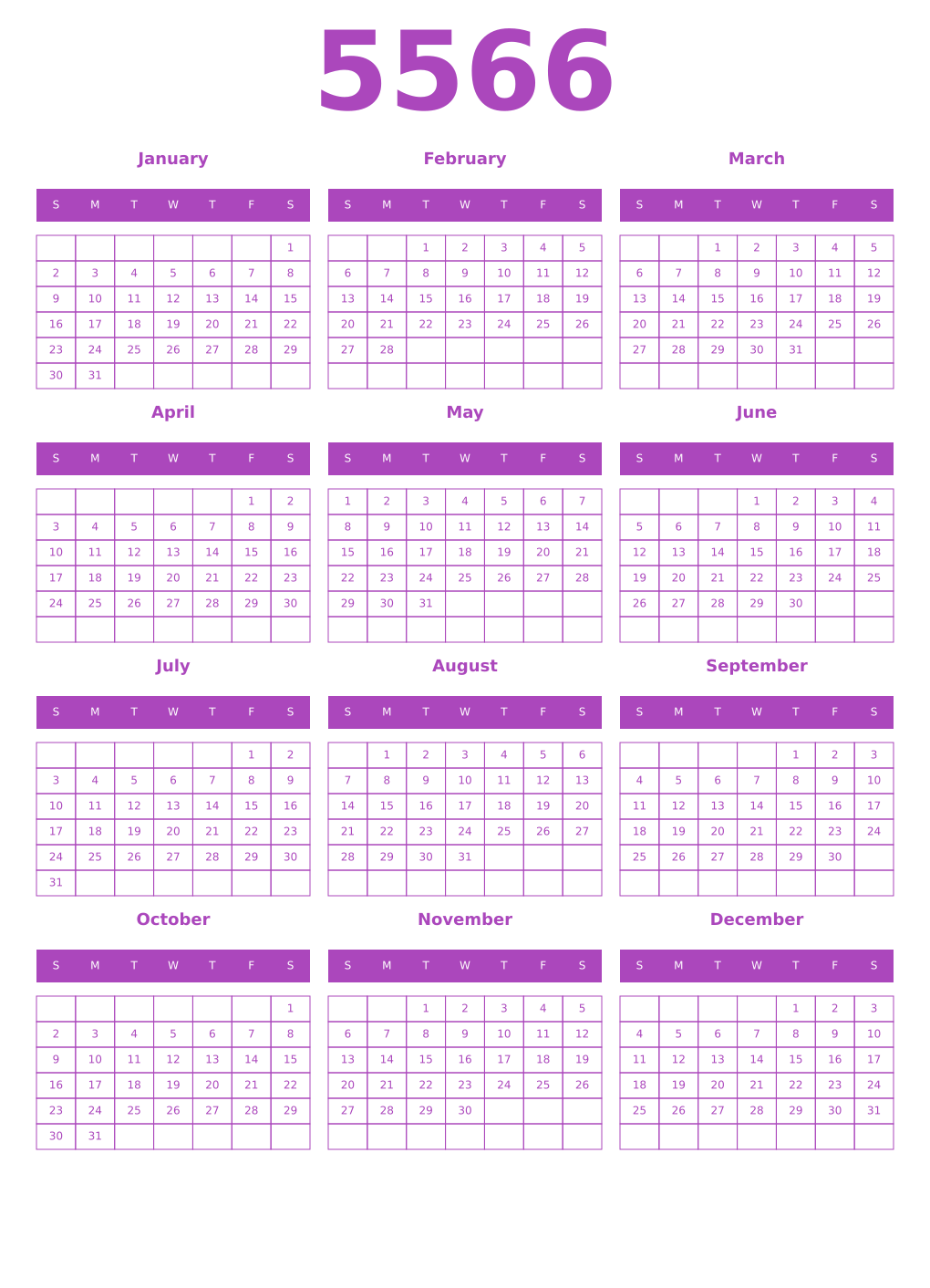 Printable 5566 Year Calendars purple
