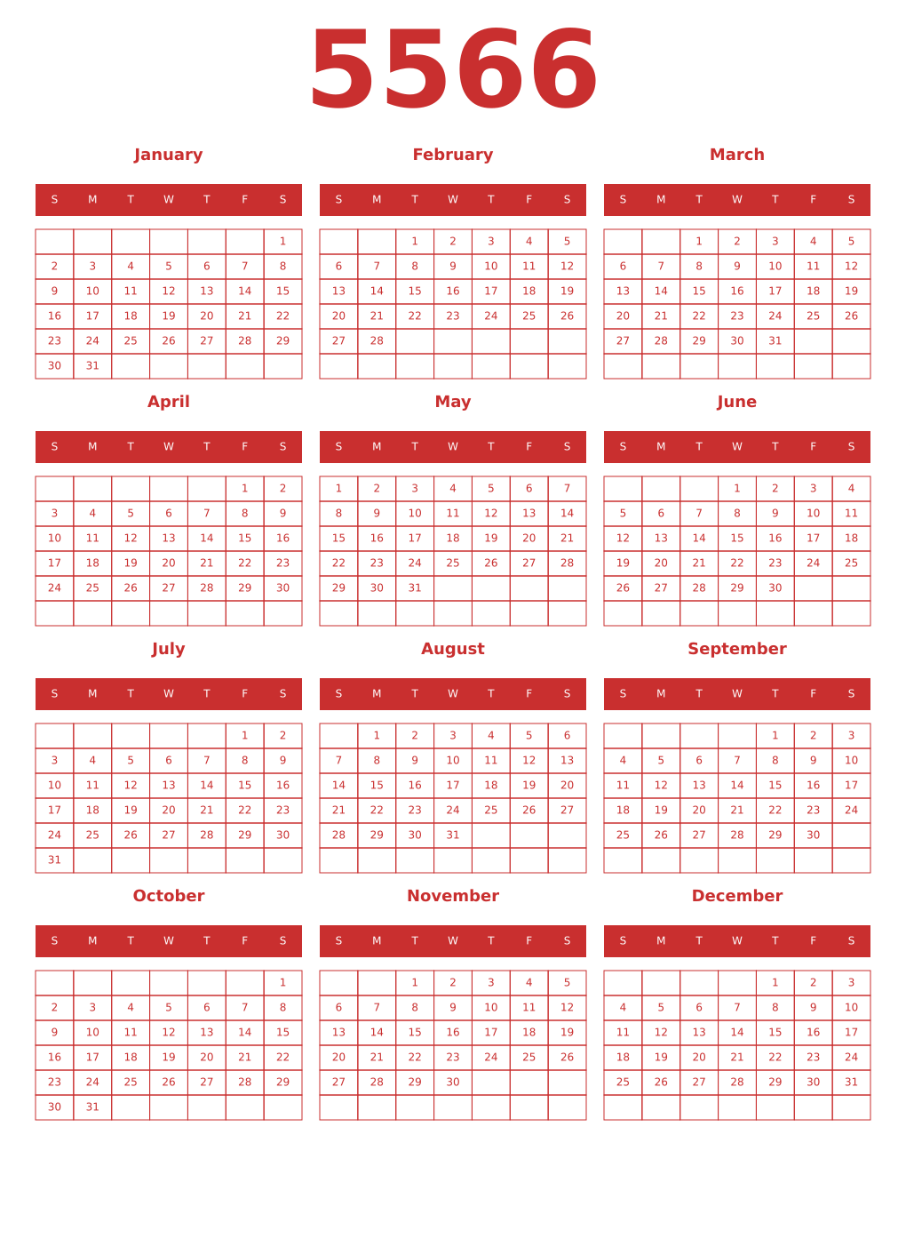 Printable 5566 Year Calendars red