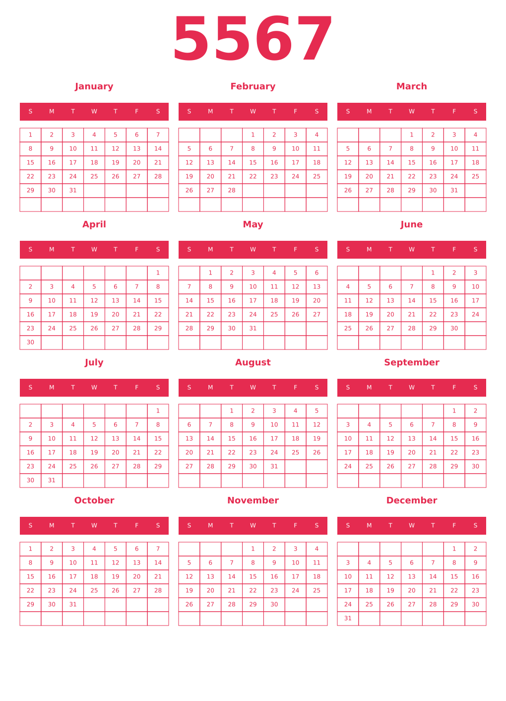 Printable 5567 Year Calendars amaranth