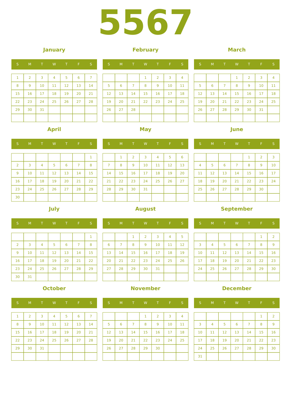 Printable 5567 Year Calendars chartreuse