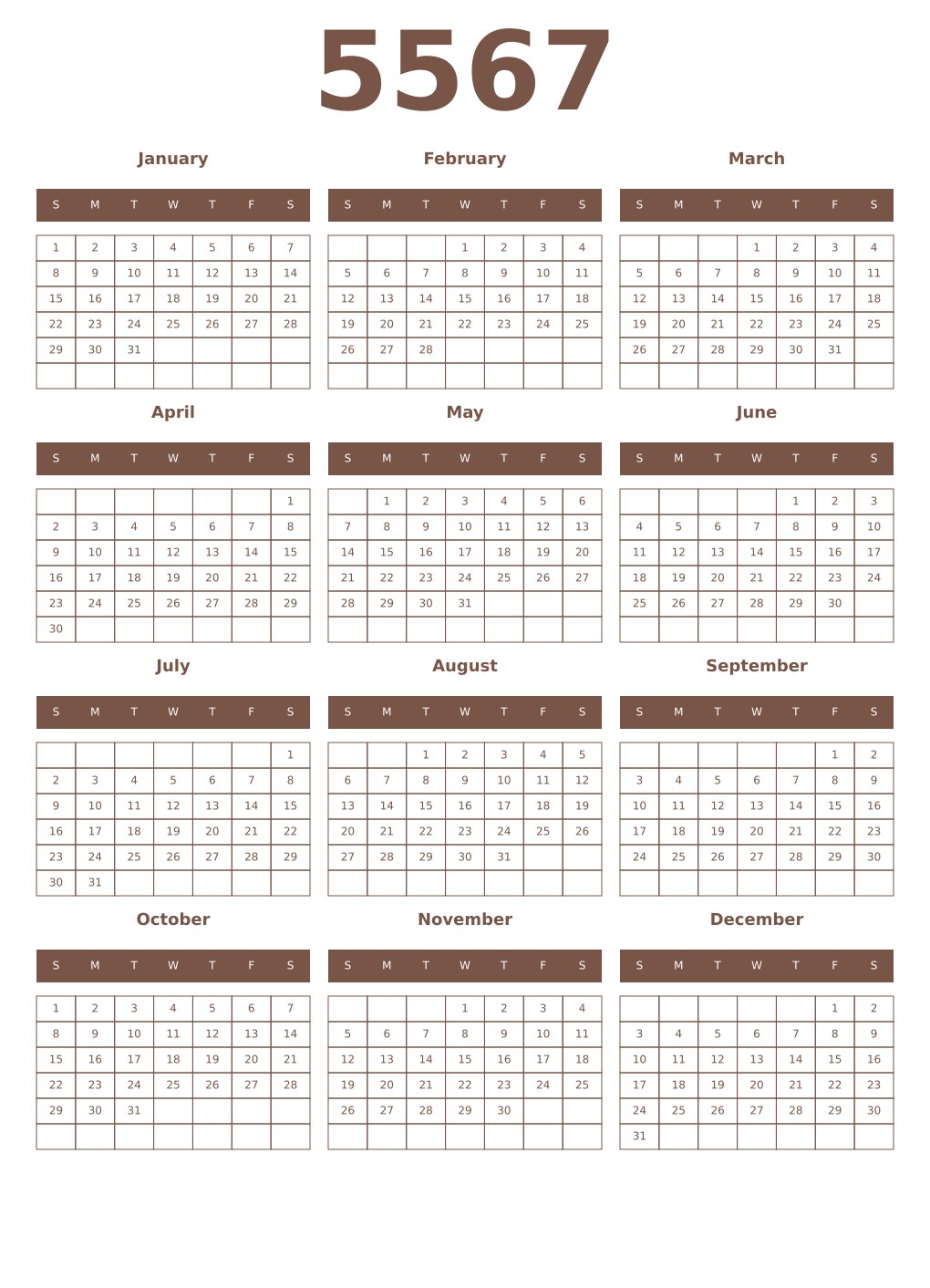 Printable 5567 Year Calendars coffe