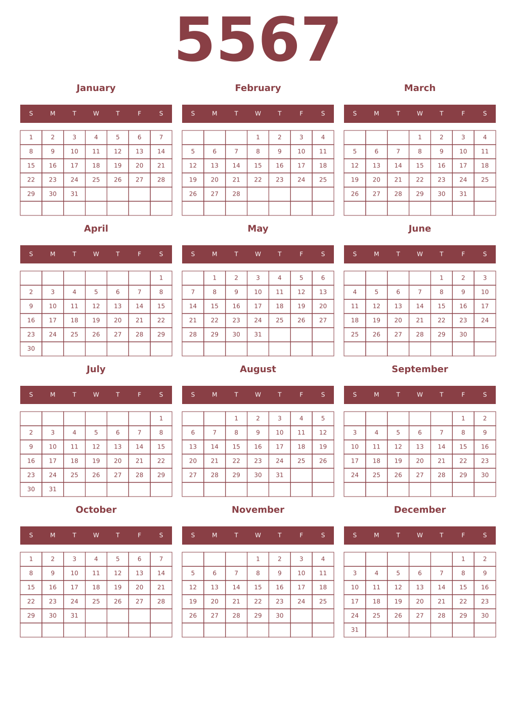 Printable 5567 Year Calendars cordovan