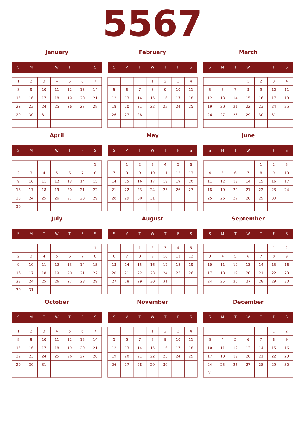 Printable 5567 Year Calendars falu