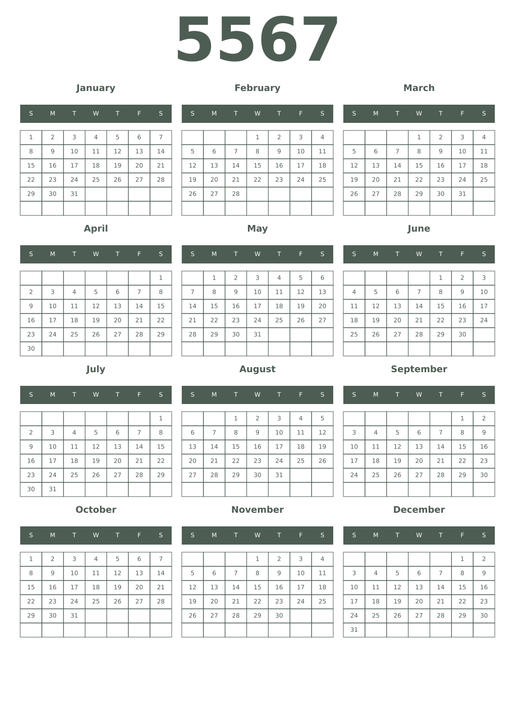 Printable 5567 Year Calendars feldgrau