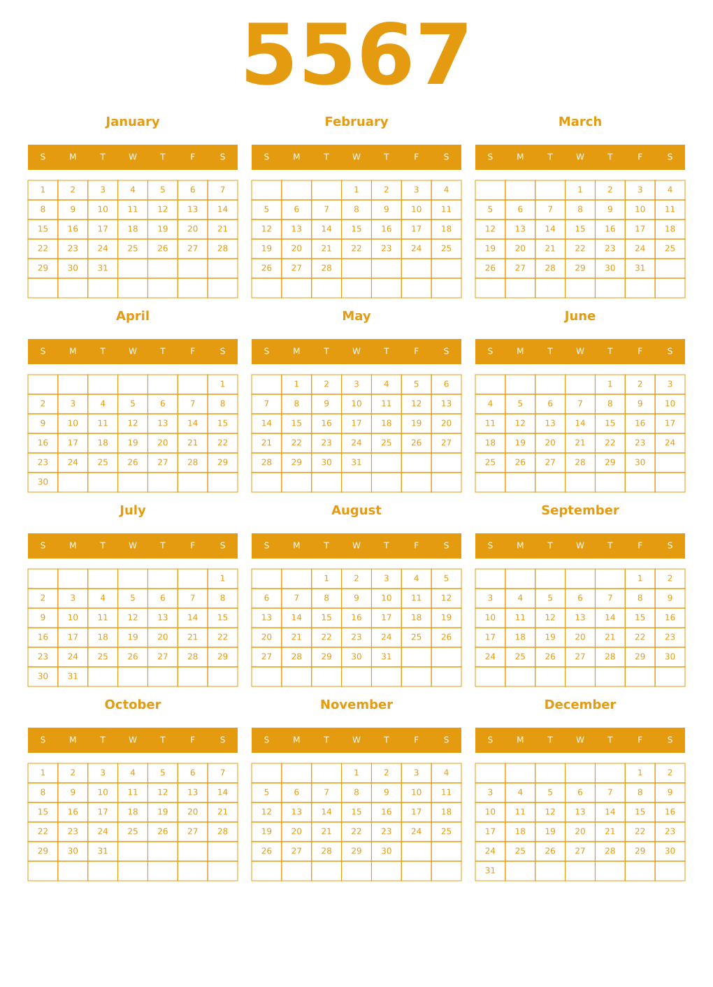 Printable 5567 Year Calendars gamboge