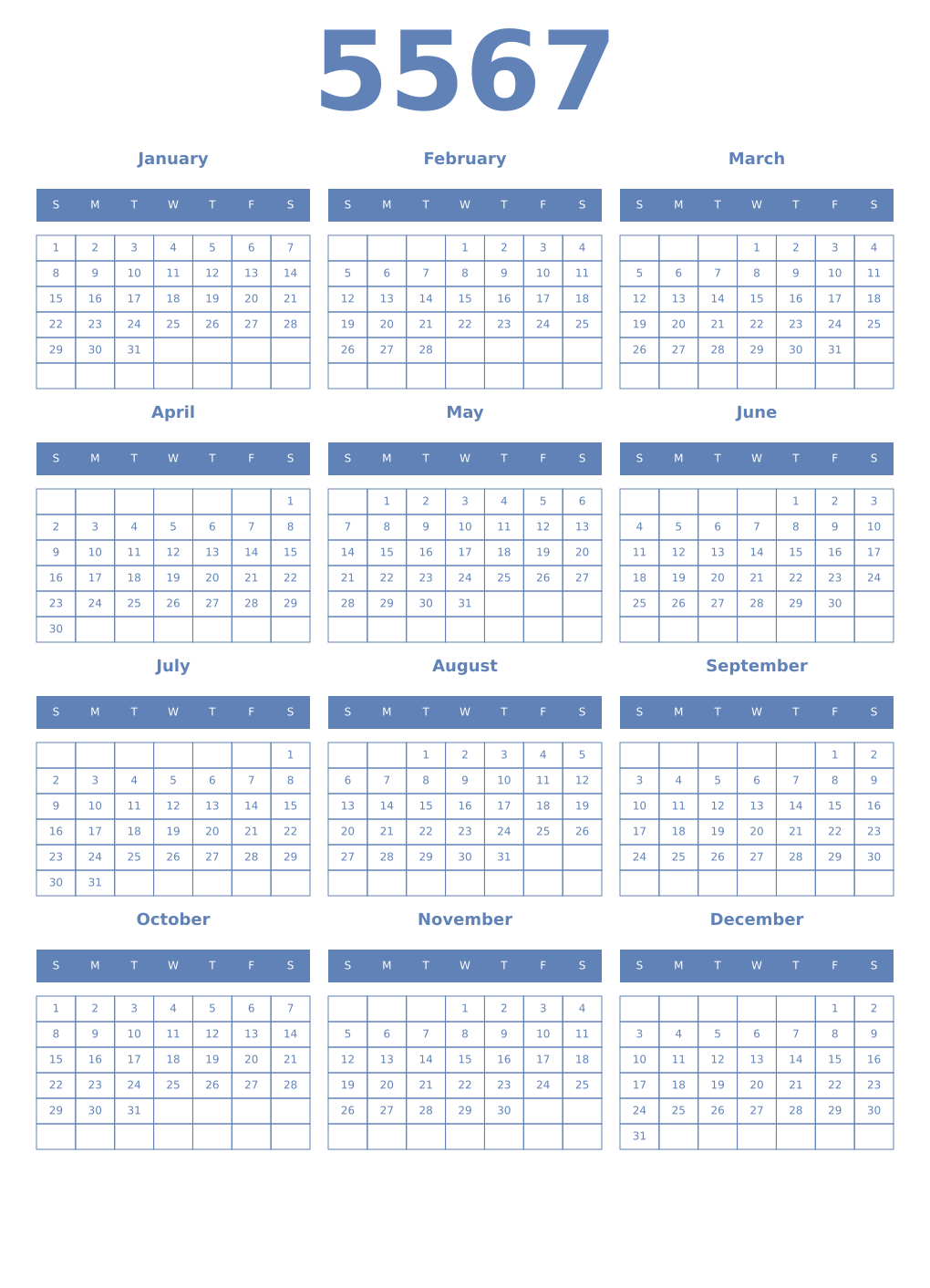 Printable 5567 Year Calendars glaucous