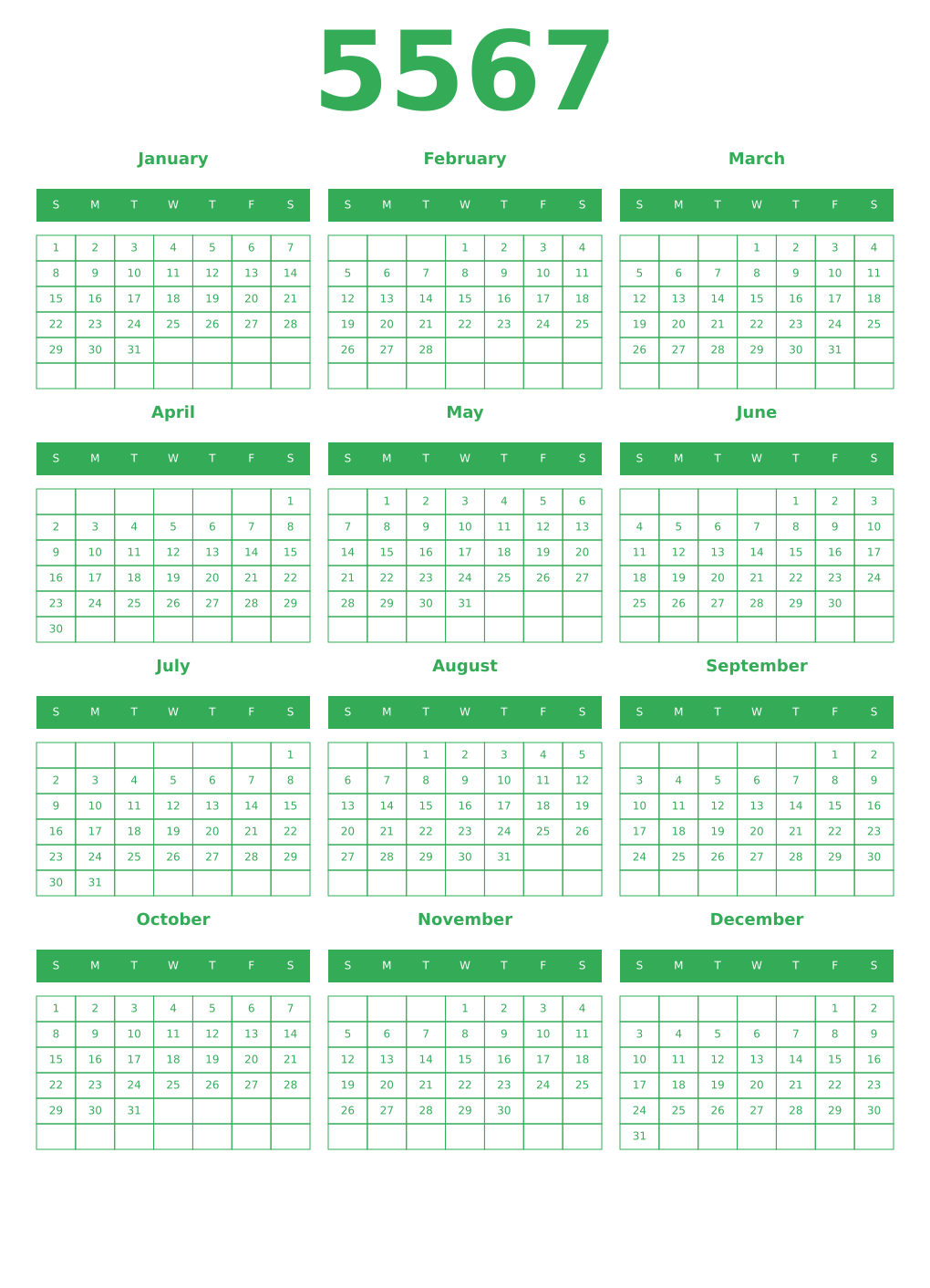 Printable 5567 Year Calendars green