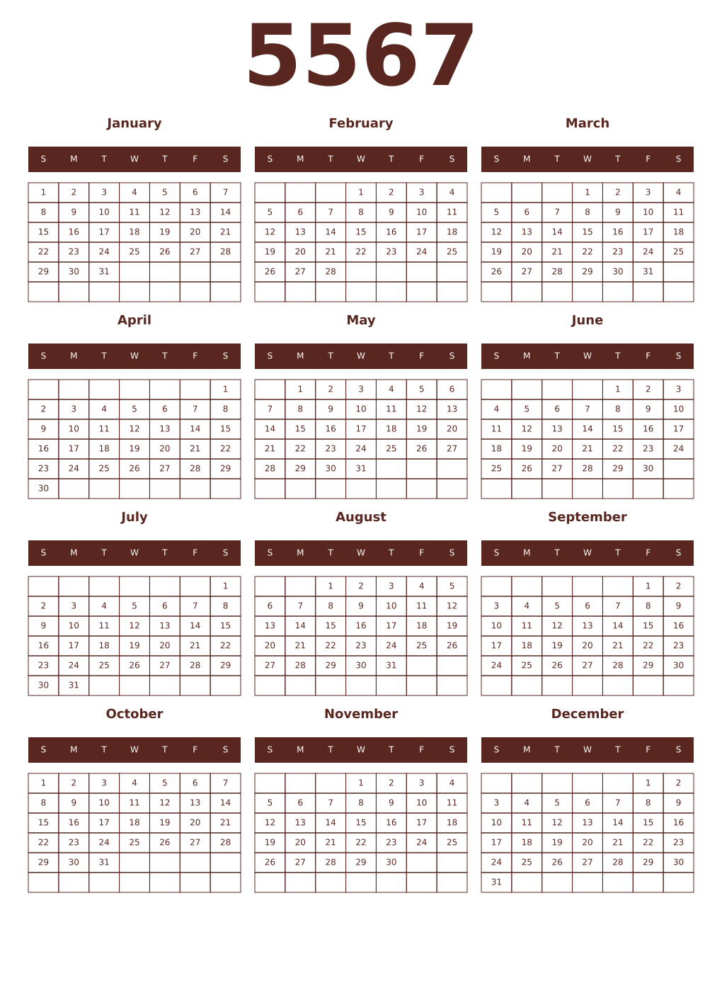 Printable 5567 Year Calendars mortuum