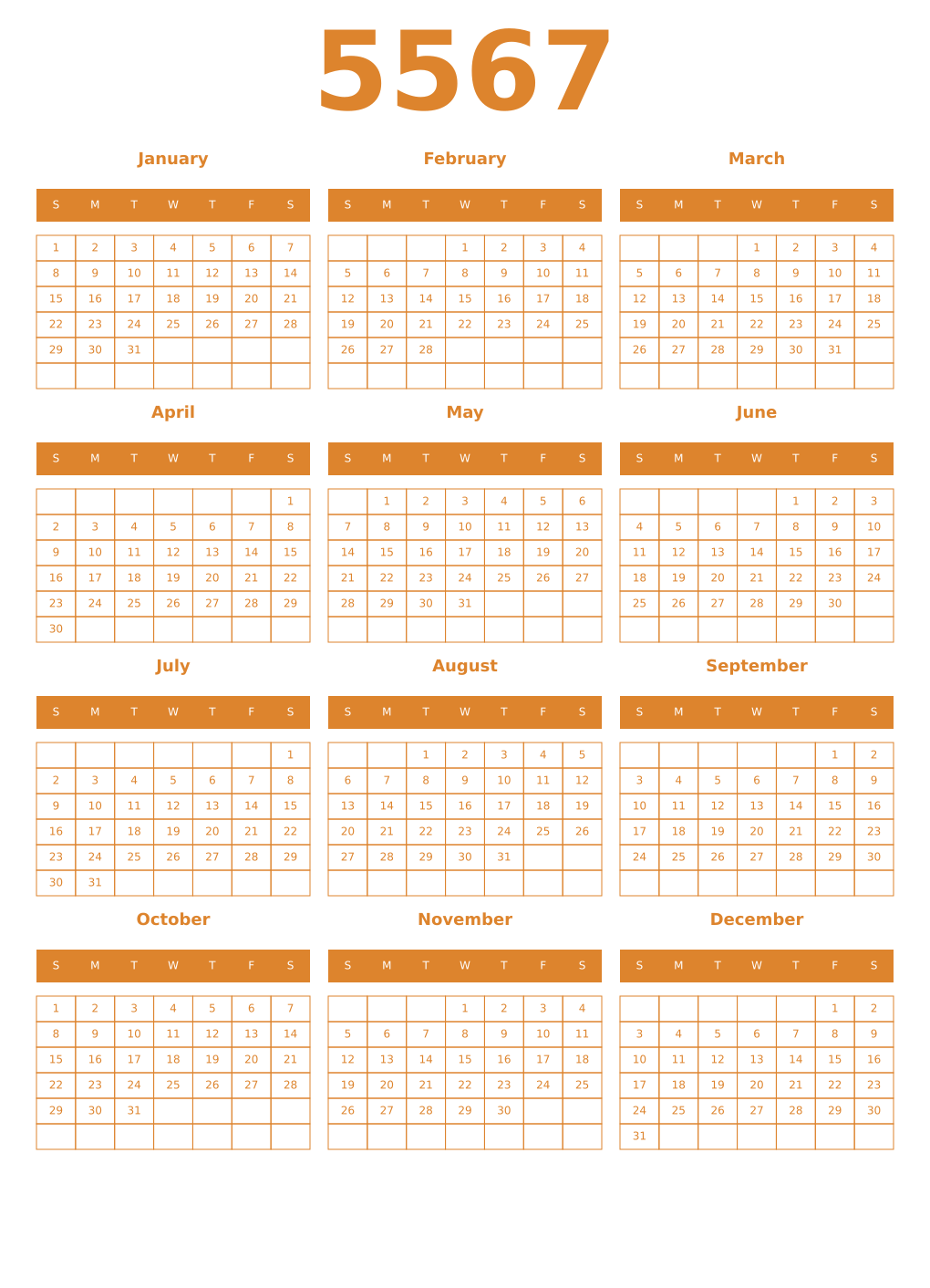 Printable 5567 Year Calendars orange