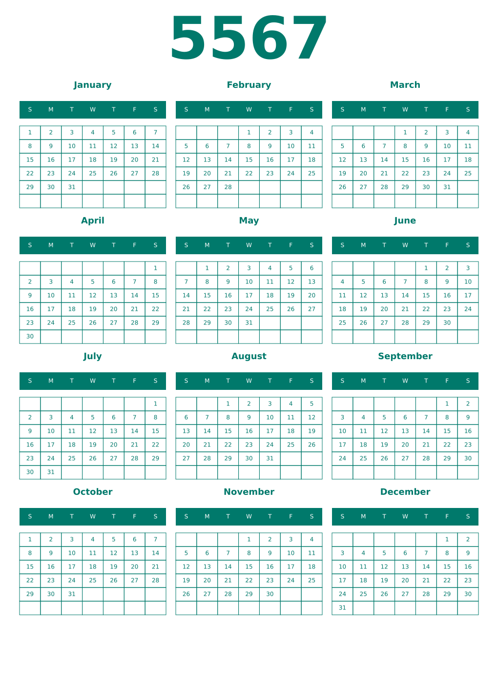 Printable 5567 Year Calendars pastel