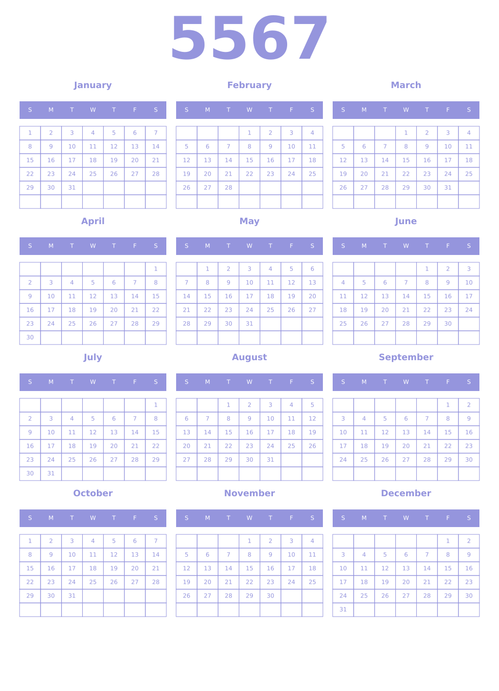 Printable 5567 Year Calendars periwinkle
