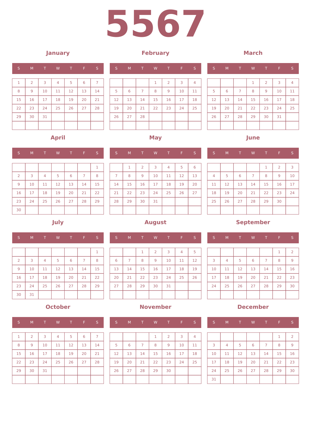 Printable 5567 Year Calendars puce