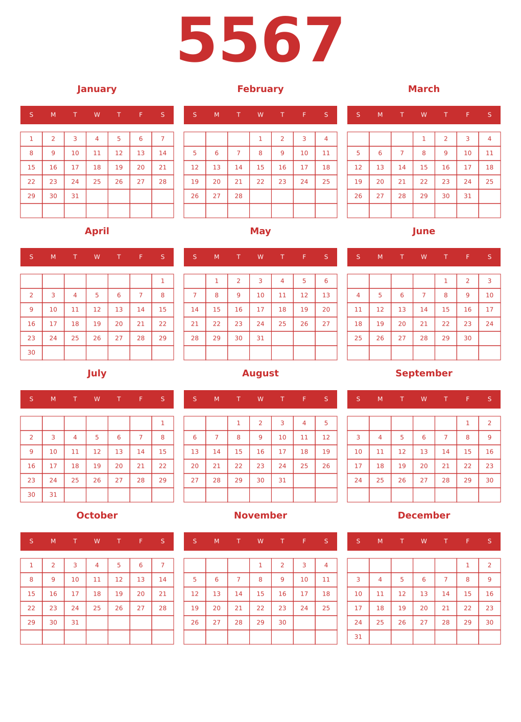 Printable 5567 Year Calendars red