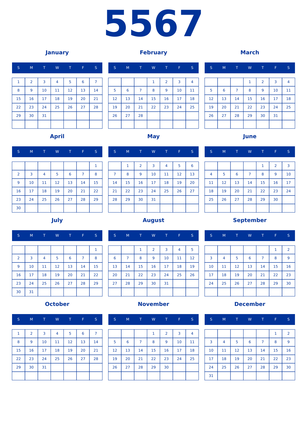 Printable 5567 Year Calendars smalt