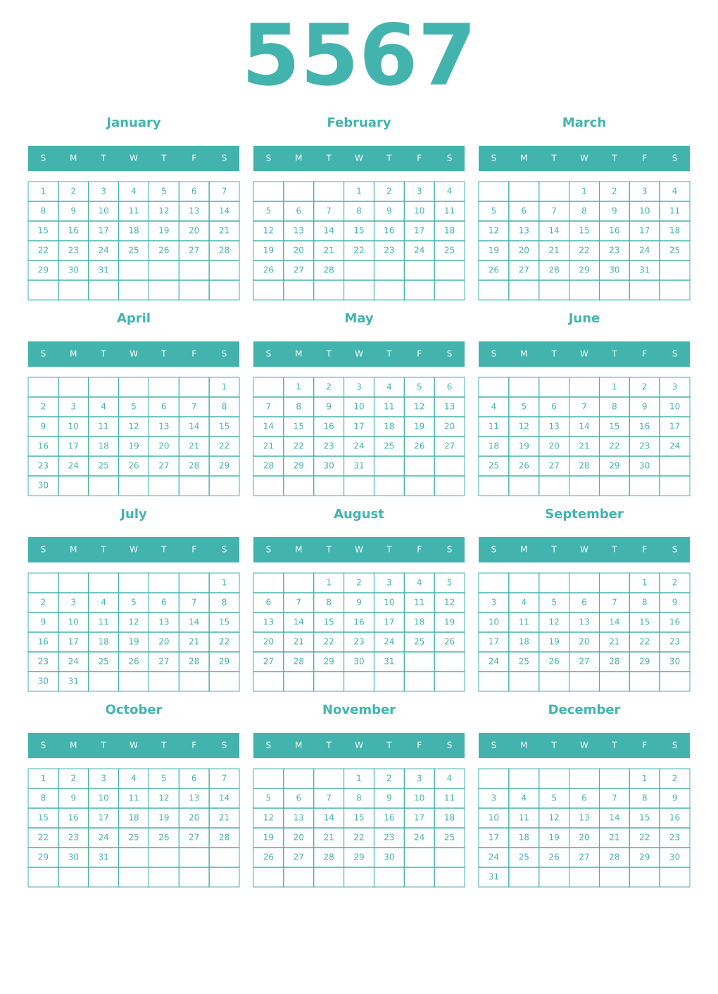 Printable 5567 Year Calendars verdigris