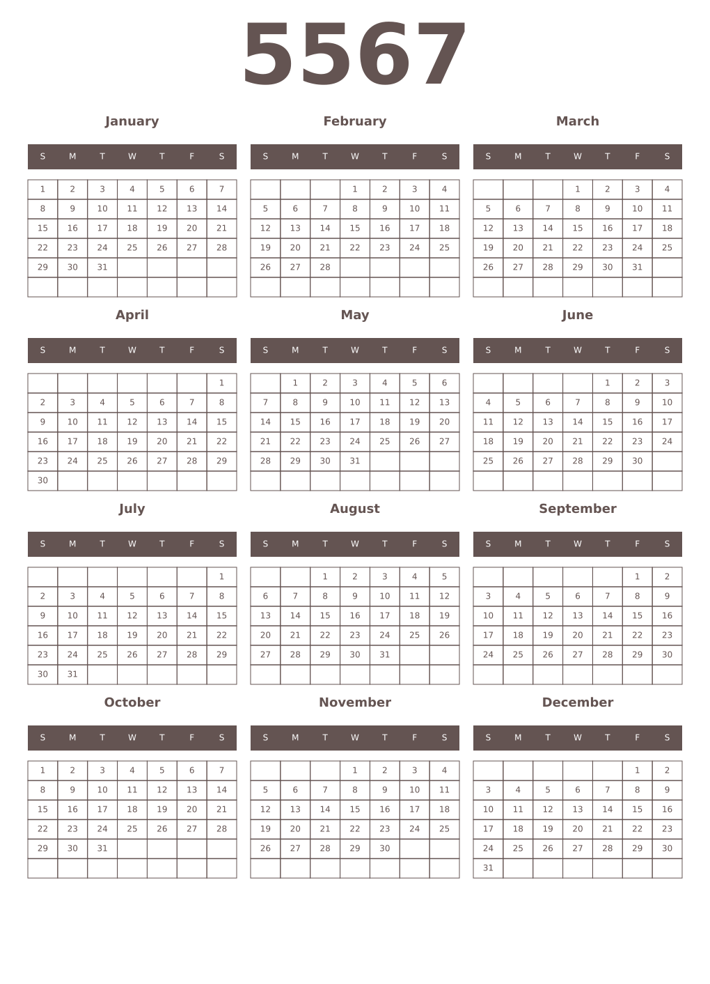 Printable 5567 Year Calendars wenge