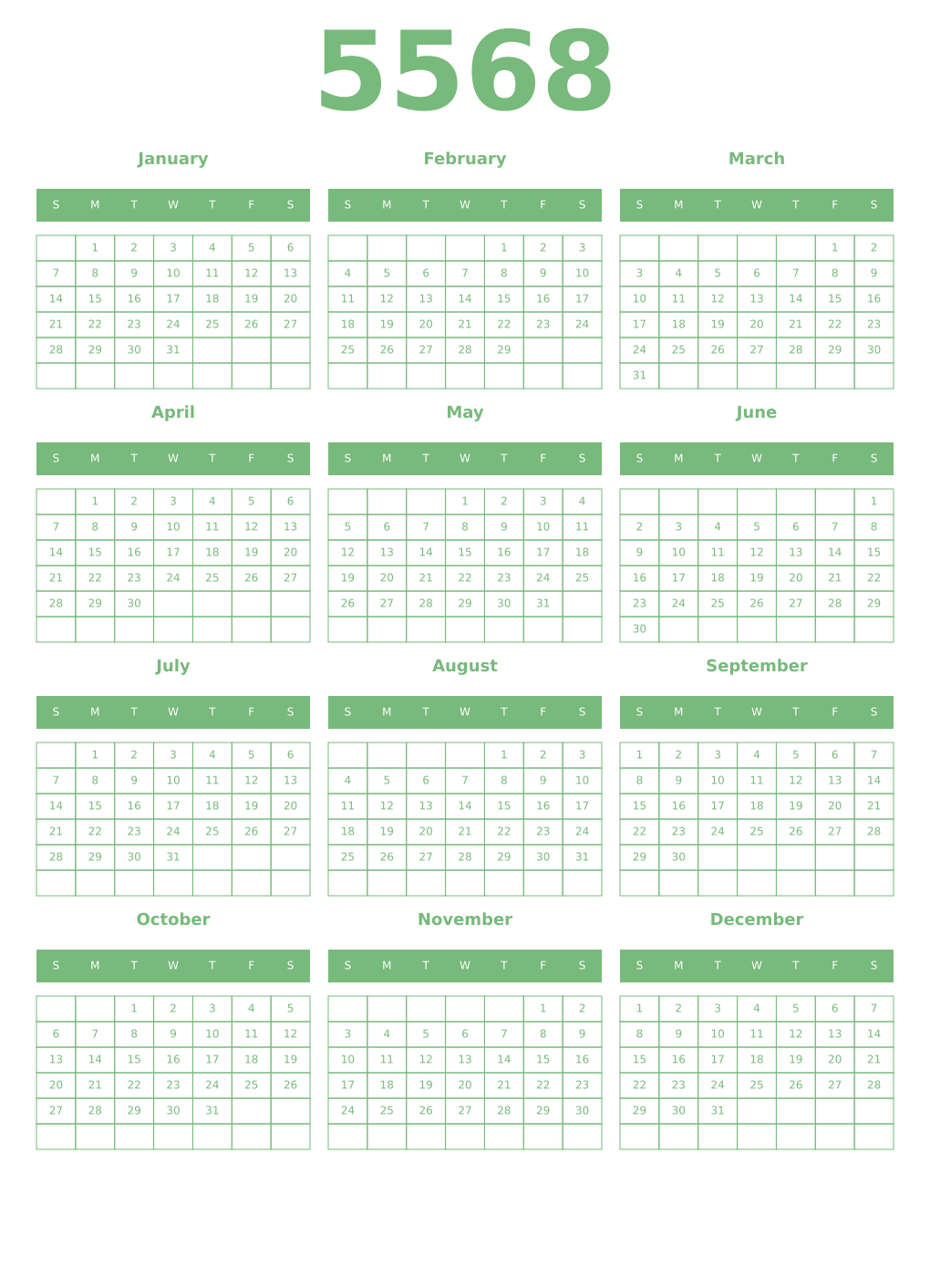 Printable 5568 Year Calendars celadon