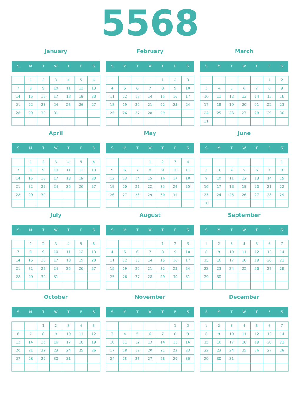 Printable 5568 Year Calendars verdigris