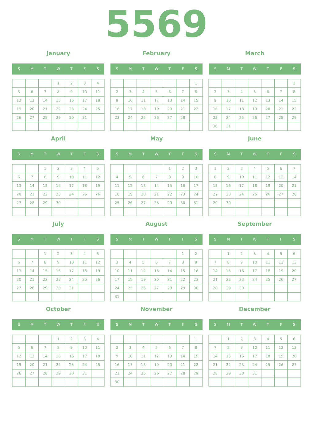 Printable 5569 Year Calendars celadon