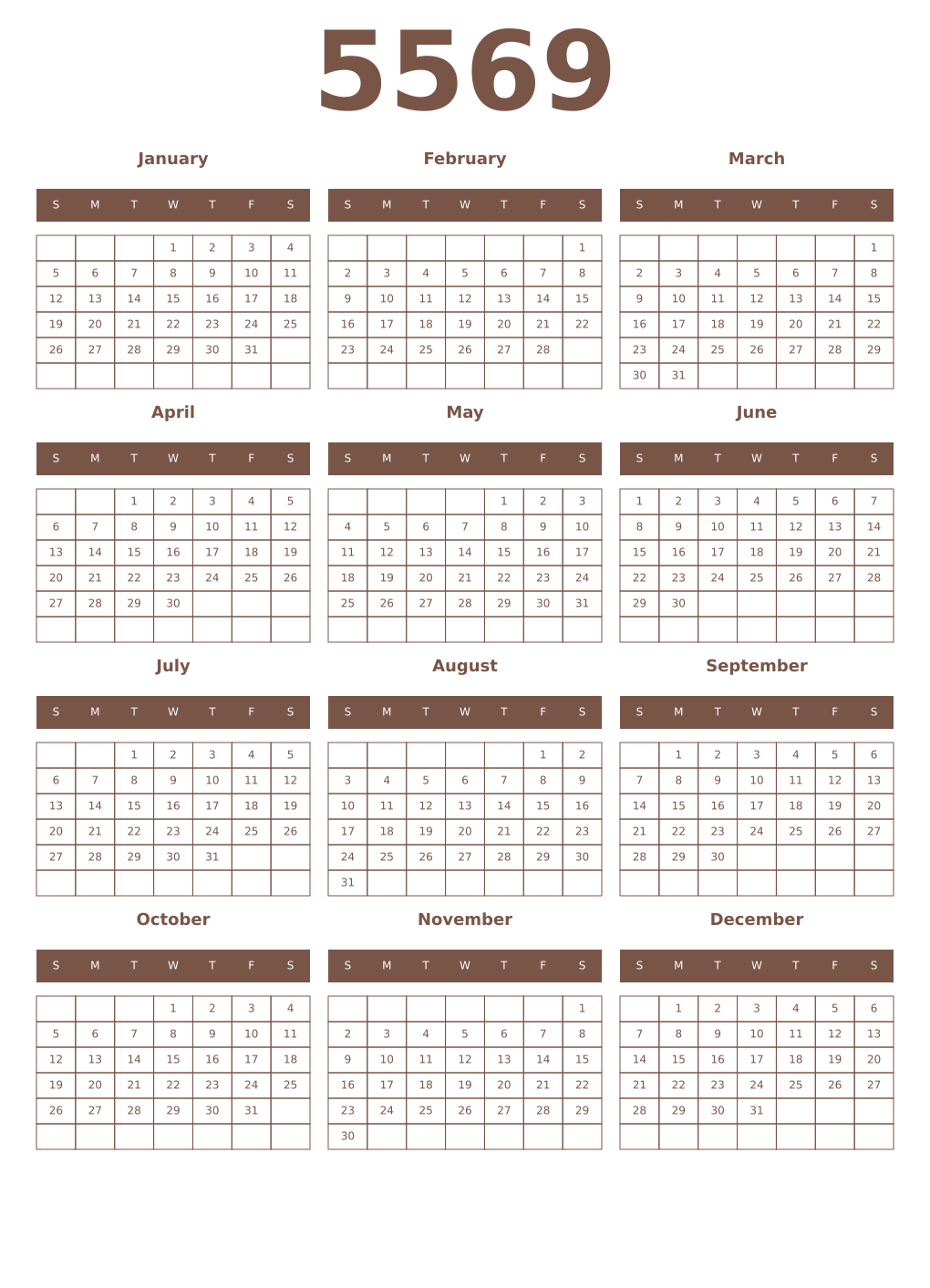 Printable 5569 Year Calendars coffe