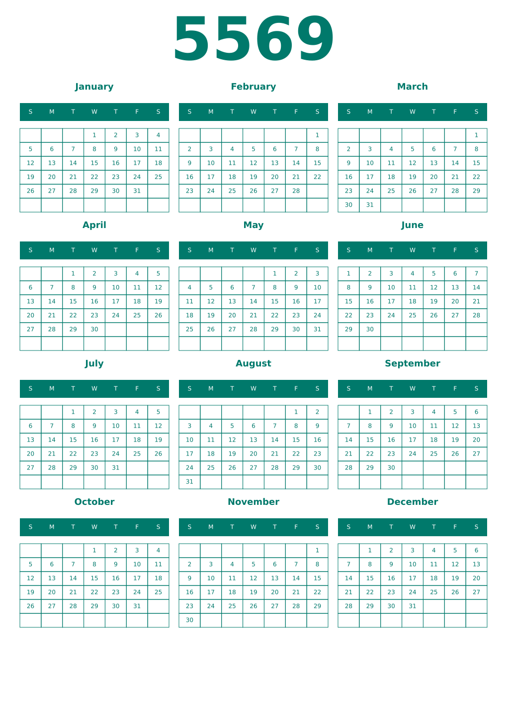 Printable 5569 Year Calendars pastel