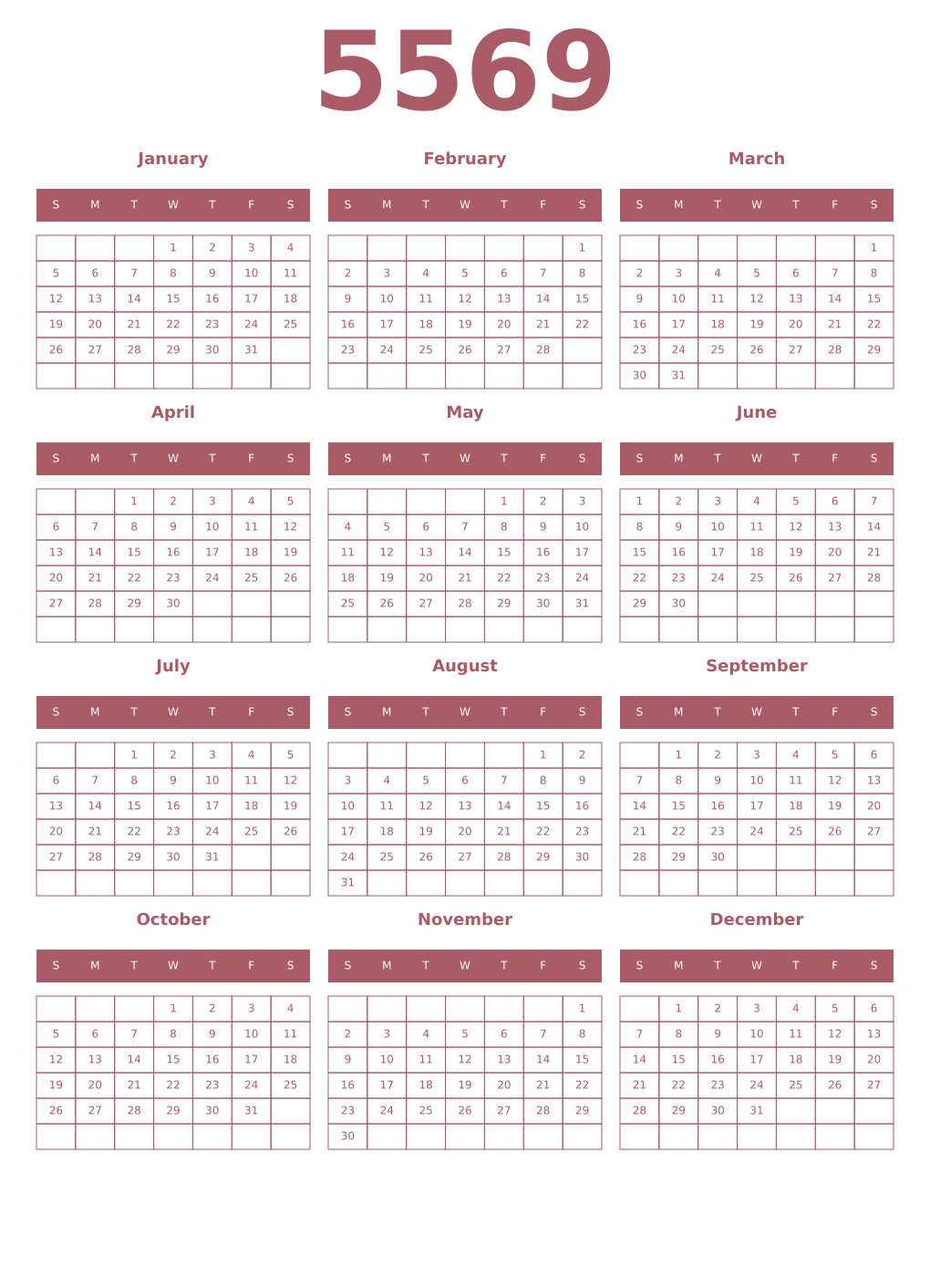 Printable 5569 Year Calendars puce