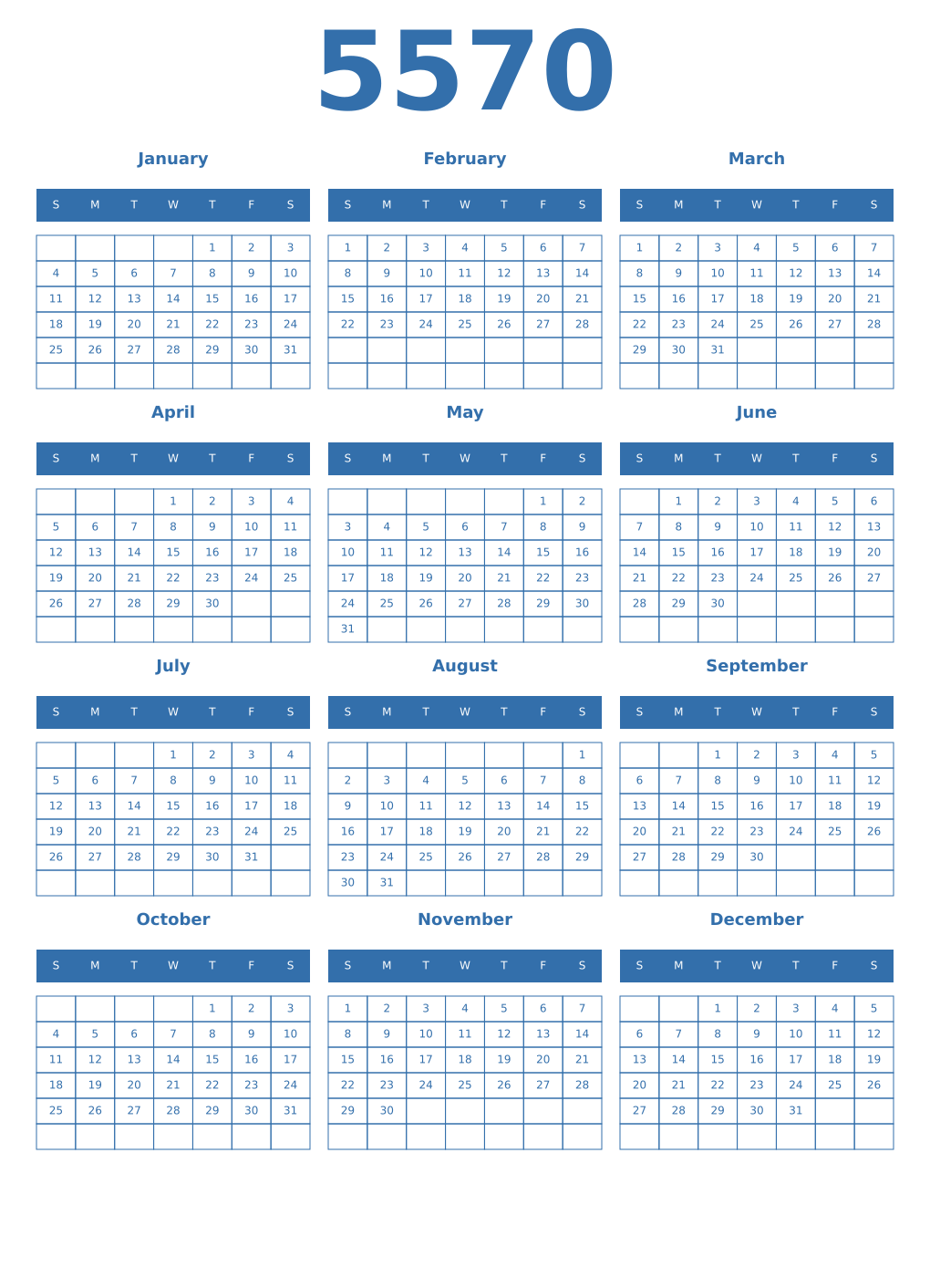 Printable 5570 Year Calendars blue
